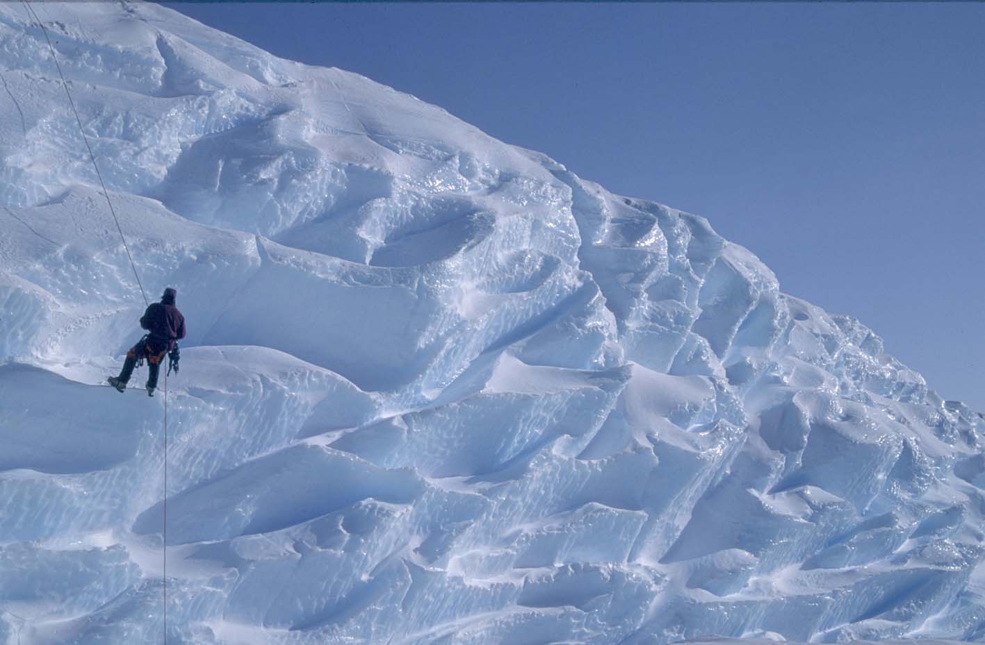 Abseiling down an ice cliff in 2nd Chasm, Brunt Ice Shelf, Antarctica