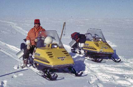 Graeme Hart with Ski-Doos near Halley, Antarctica